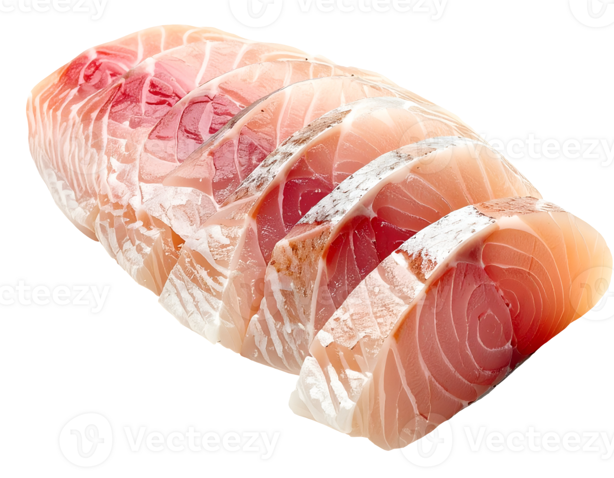 realistic close-up of thinly sliced raw fish meat arranged in layers on white background, perfect for sushi or sashimi png