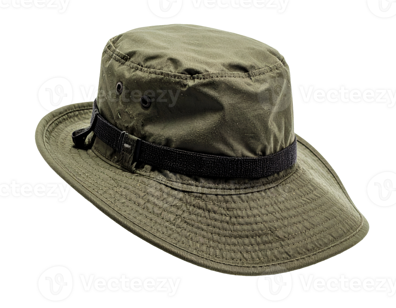 realistic photo of a green trekking boonie hat with wide brim and black strap, isolated on white background png