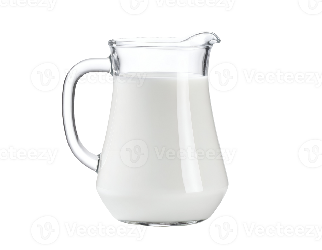 realistic photograph of a clear glass milk pitcher filled with fresh milk on isolated background png