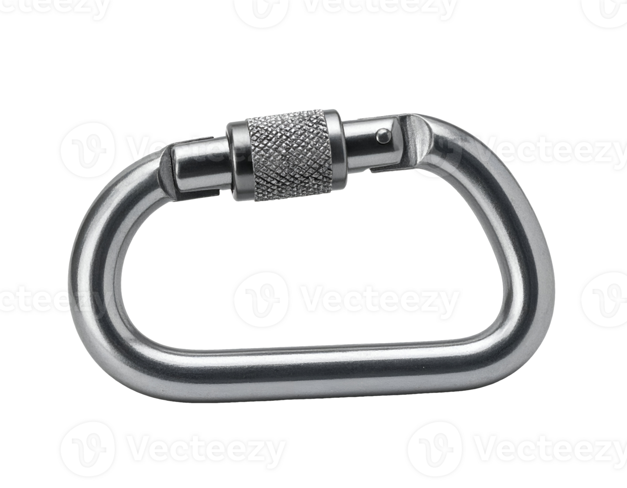metal locking carabiner clip with screw gate on isolated background, durable climbing and outdoor equipment for secure rope connection png