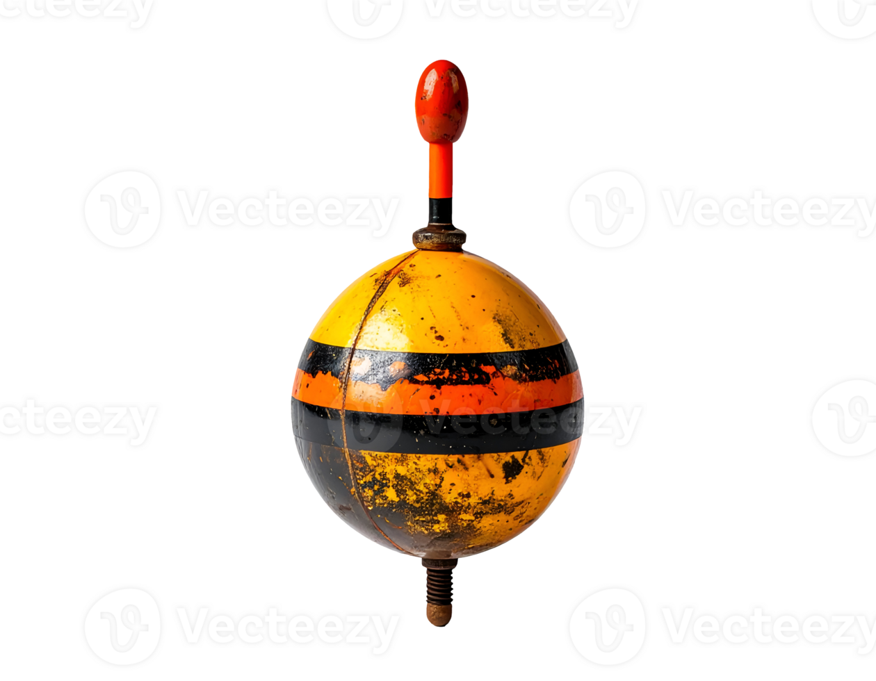 vintage round fishing float with worn yellow orange black stripes and top signal bob on isolated background, realistic fishing gear for angling and marine sport concept png