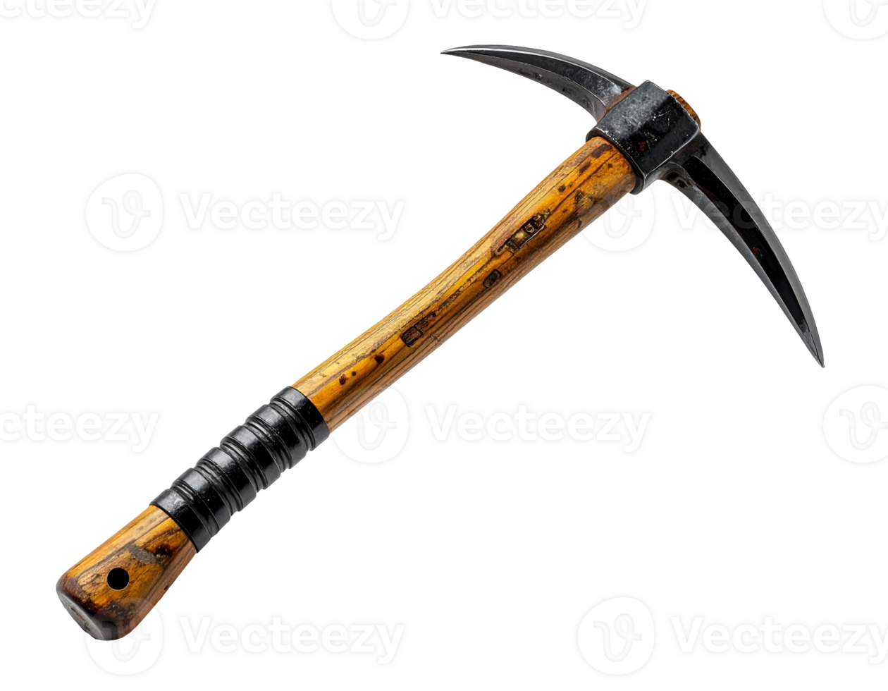 realistic photograph of a rugged ice axe with wooden handle and sharp metal head on isolated background for outdoor climbing and survival equipment concept png