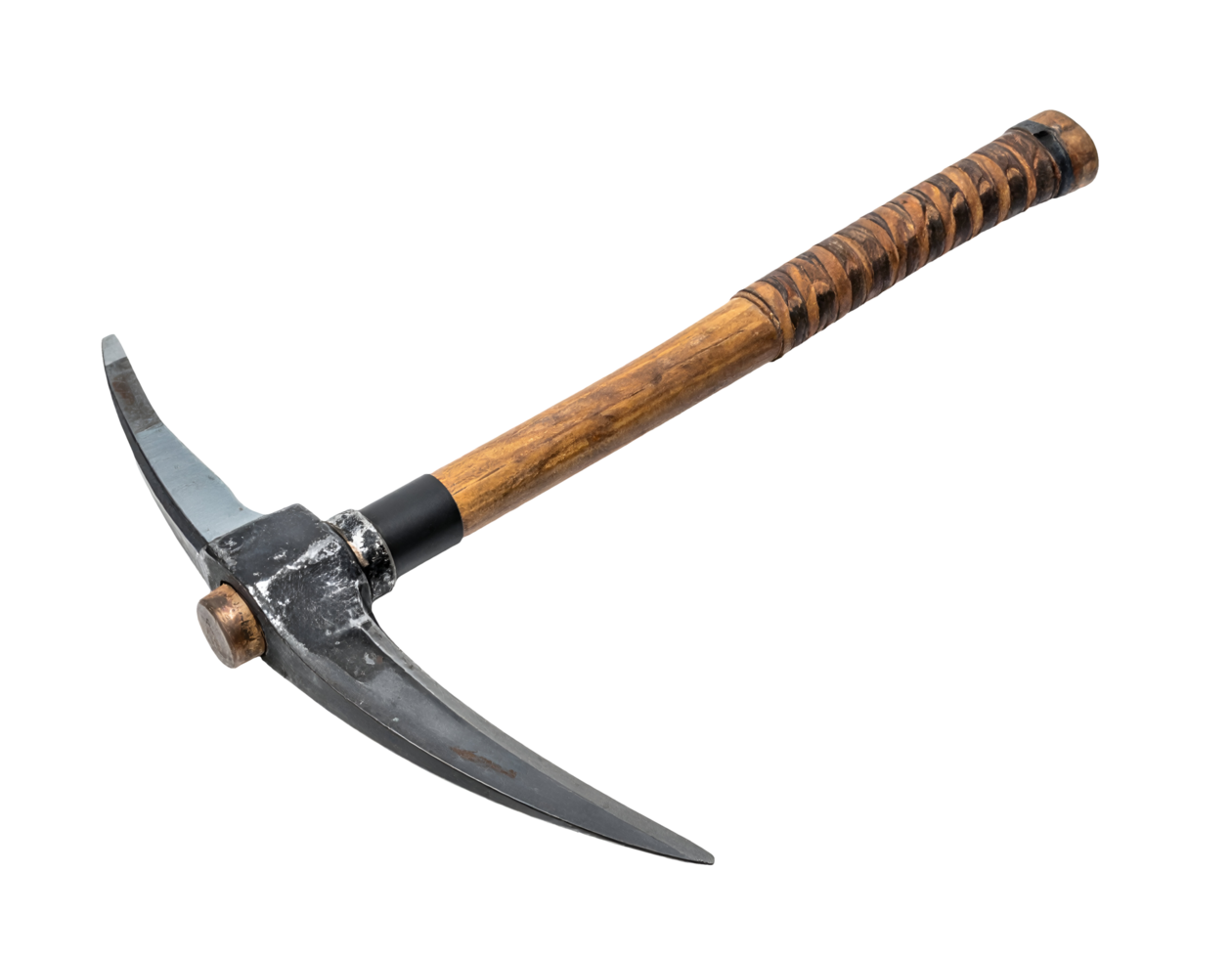 realistic photograph of a classic wooden handled ice axe with dual forged metal blades and aged texture on isolated background for mountaineering and survival tool concept png