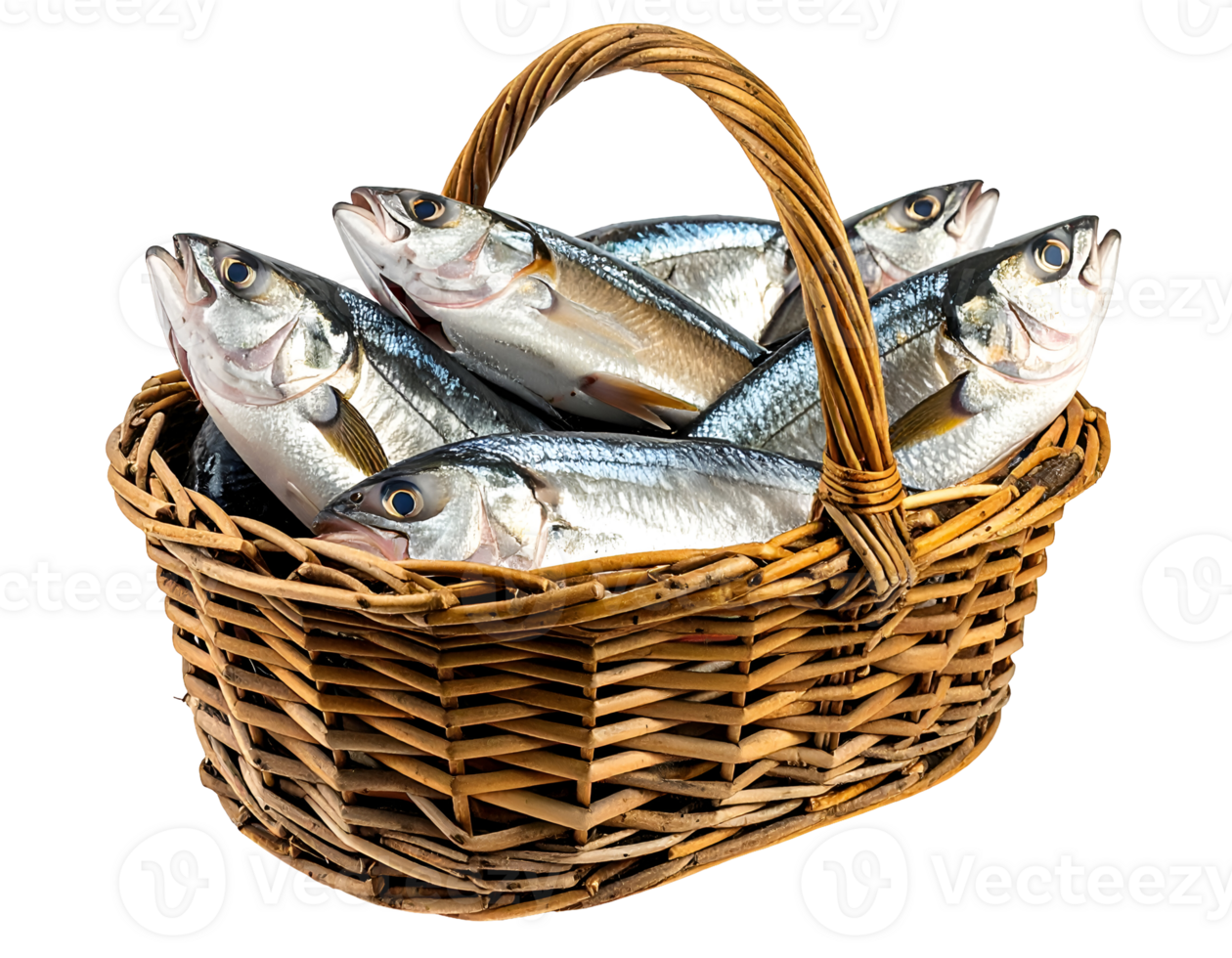 wicker basket filled with fresh whole sea fish on isolated background, realistic seafood display for cooking and market presentation png