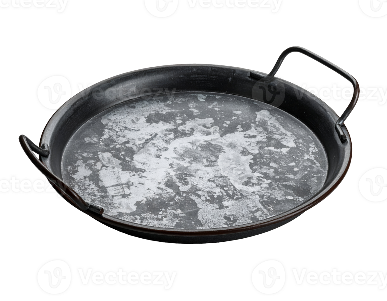 vintage black iron serving tray with side handles and rustic surface texture on isolated background, industrial food presentation element png