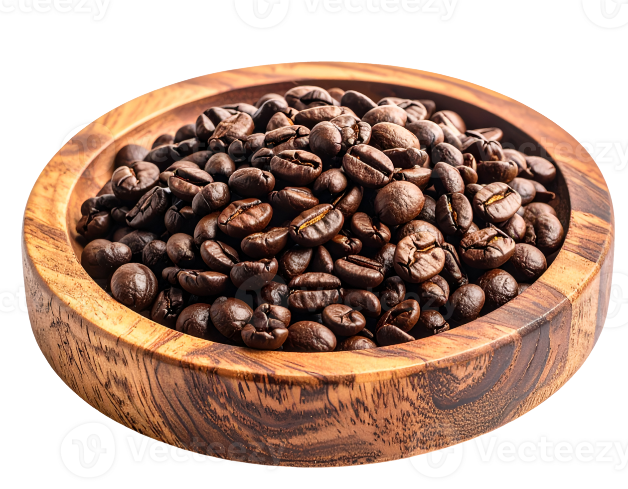 dark roasted coffee beans in round wooden bowl on isolated background, aromatic natural ingredient for artisan cafe and product packaging design png