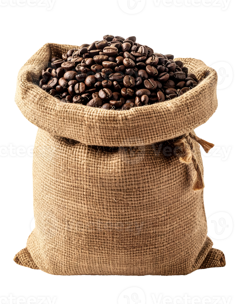 burlap sack filled with roasted coffee beans on isolated background for packaging and cafe branding concepts png