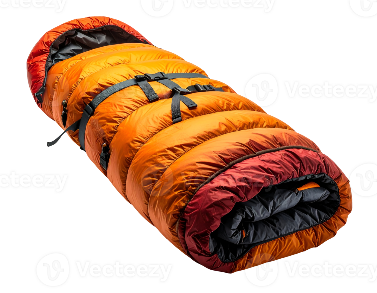 insulated orange and red sleeping bag rolled and strapped for hiking and camping on isolated background png