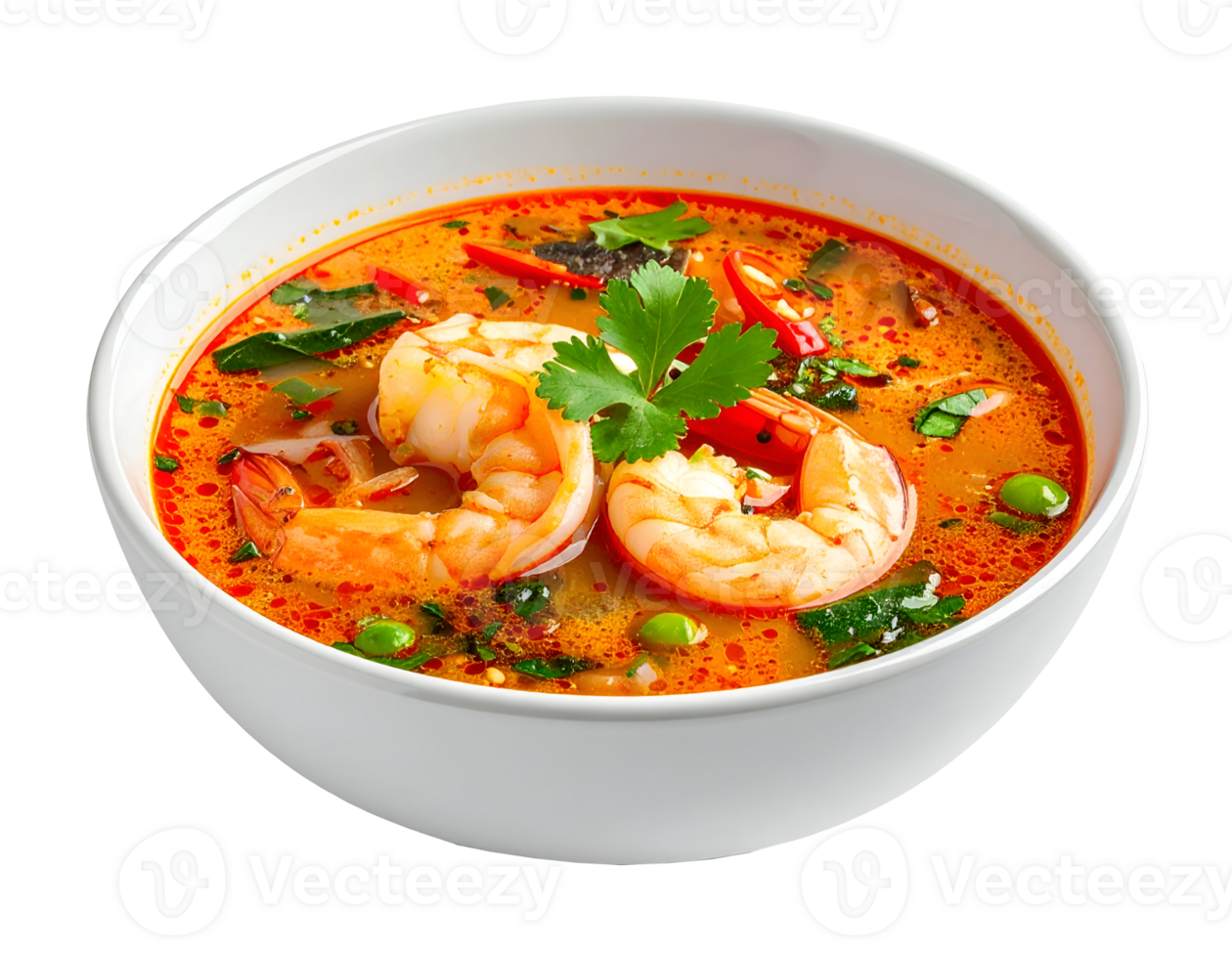 thai tom yum goong hot and sour shrimp soup with chili herbs and vegetables served in white bowl on isolated background png