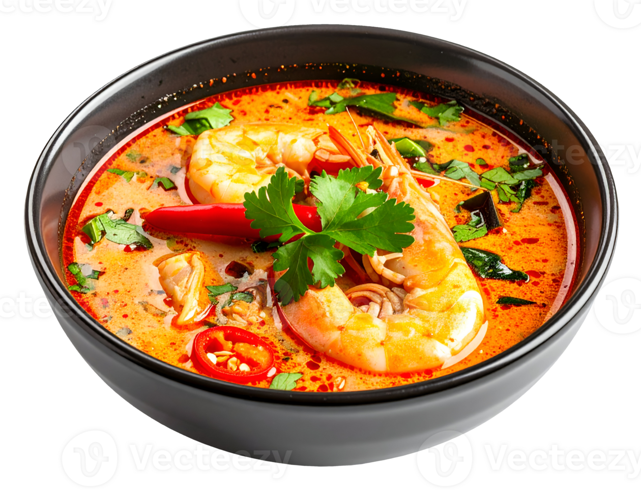 traditional thai tom yum goong spicy shrimp soup with chili and herbs in black bowl on isolated background png