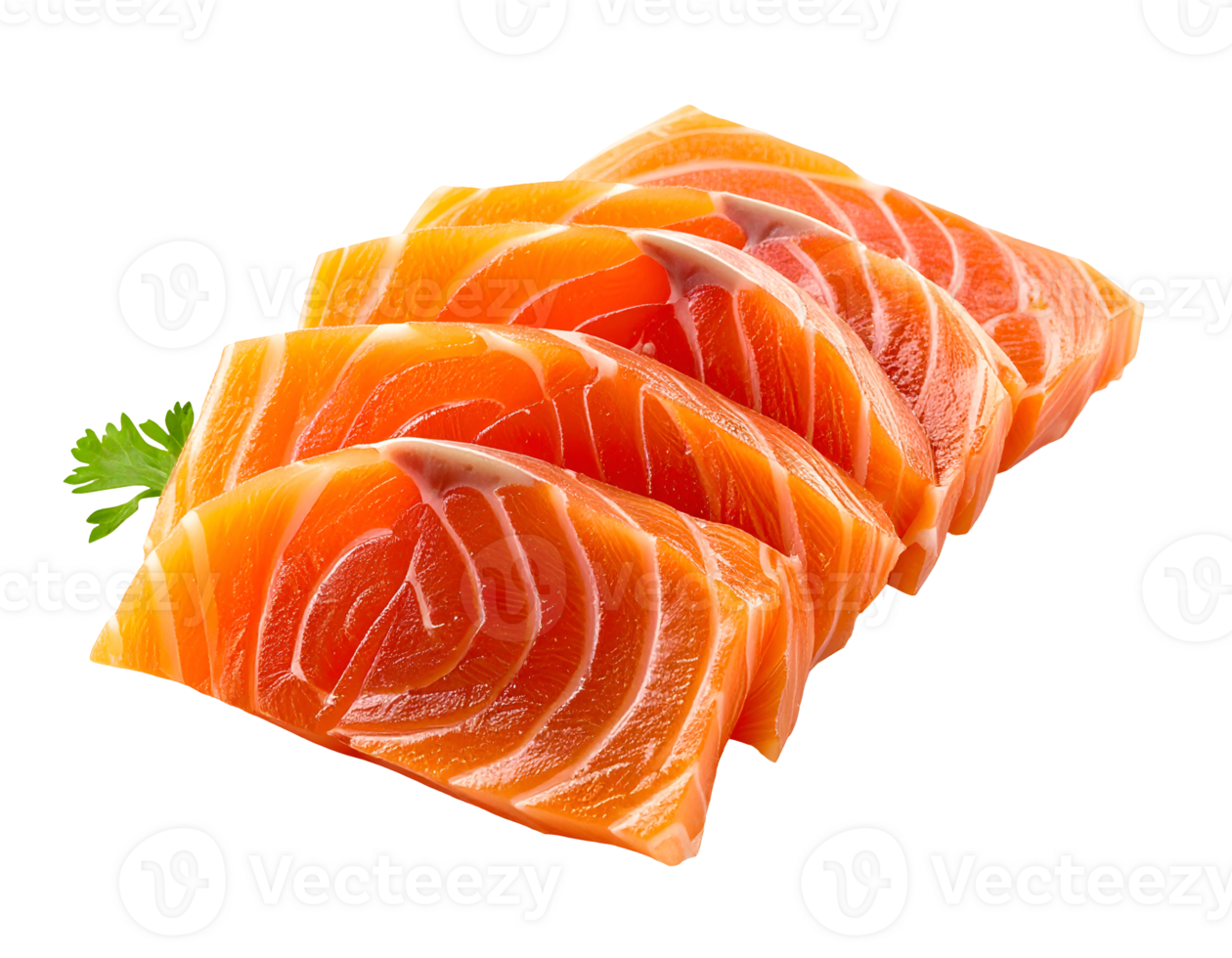 fresh thin sliced salmon sashimi arranged in a row on isolated background with parsley garnish png