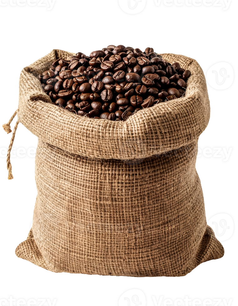 full burlap sack of roasted coffee beans on isolated background for cafe, food, and organic beverage concept png