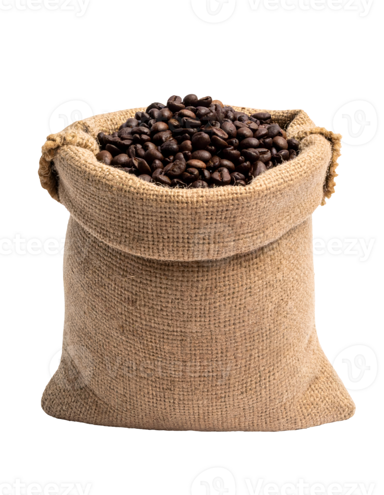burlap sack filled with roasted coffee beans on isolated background, rustic packaging for coffee branding and cafe design png
