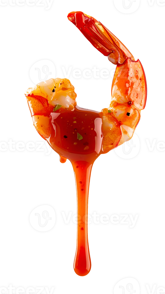 close-up of boiled shrimp dripping with spicy thai seafood sauce, realistic macro food photography on white background png