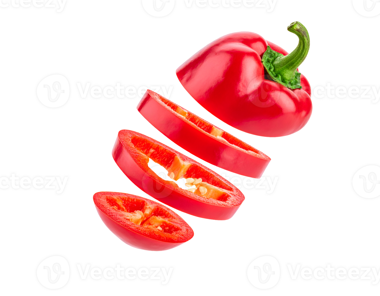 whole red chili pepper sliced into rings and falling in mid-air, isolated on white background png