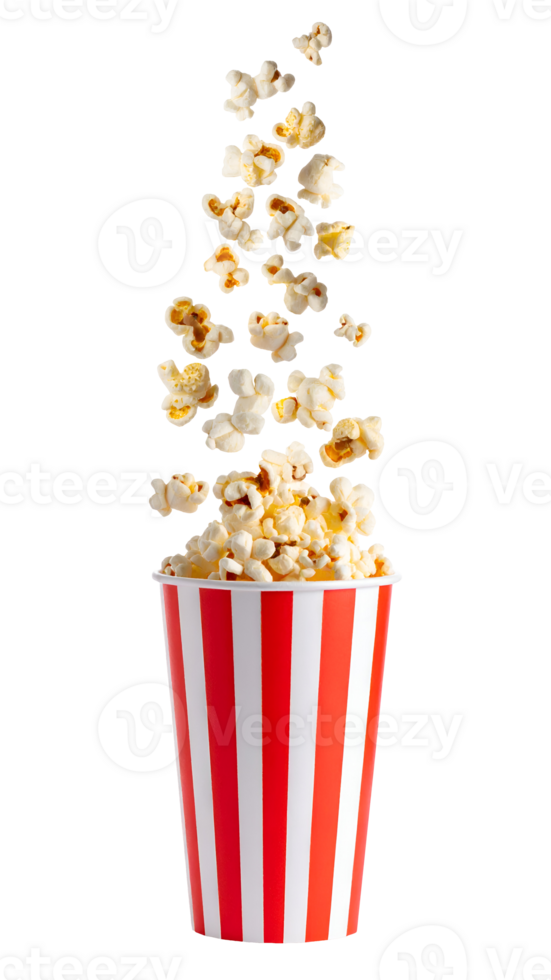 falling popcorn bursting from red and white striped paper cup, fun movie snack isolated on background png