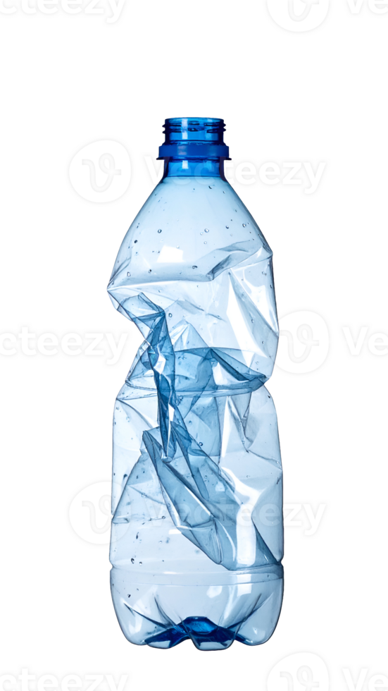 crushed transparent plastic water bottle with blue cap, realistic waste object for recycling and pollution awareness on isolated background png
