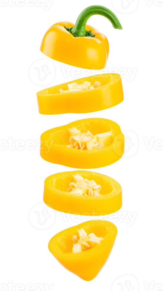 falling sliced yellow chili pepper with seeds, isolated on white background, bright hot vegetable levitating in vertical arrangement for spicy cooking concept png