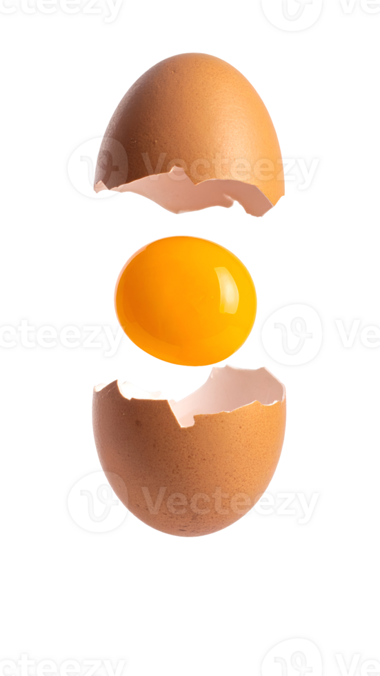 realistic floating egg yolk with symmetrical cracked brown eggshell halves, raw food concept image on isolated background png