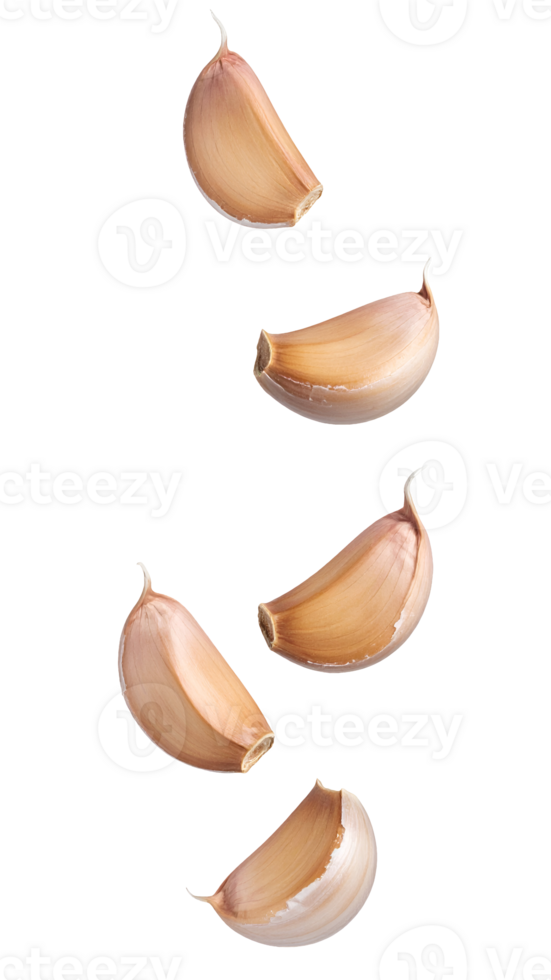 raw garlic cloves falling in air isolated on white background, realistic food ingredient concept for cooking and spicy cuisine png