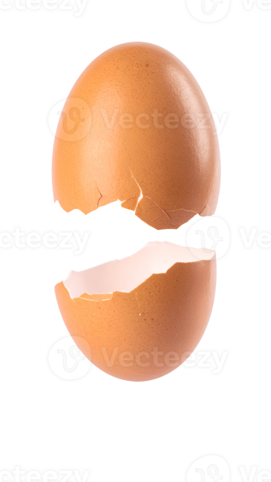 floating cracked brown eggshell halves with clean interior, realistic broken egg concept on isolated background png