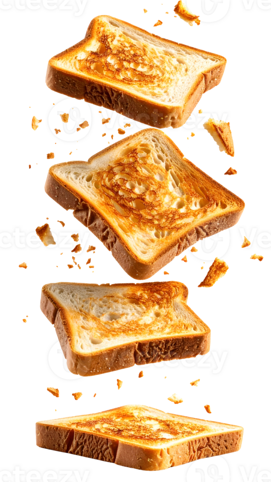 falling crispy toasted bread slices with golden crust and flying crumbs, realistic breakfast motion concept on isolated background png