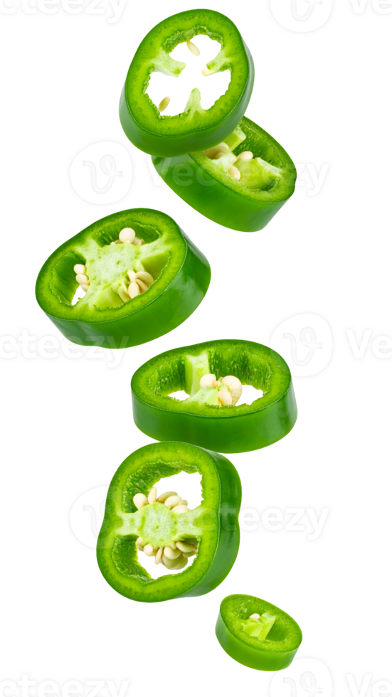 falling green chili slices in vertical arrangement, jalapeno rings isolated on white background, fresh spicy vegetable for cooking and recipe design png