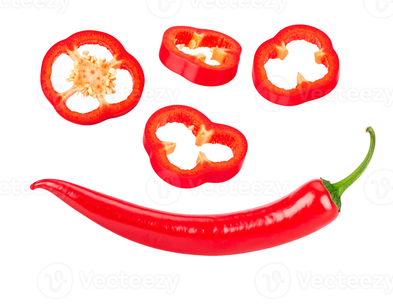 creative food face made with whole chili and sliced red peppers, smiling arrangement isolated on white background png