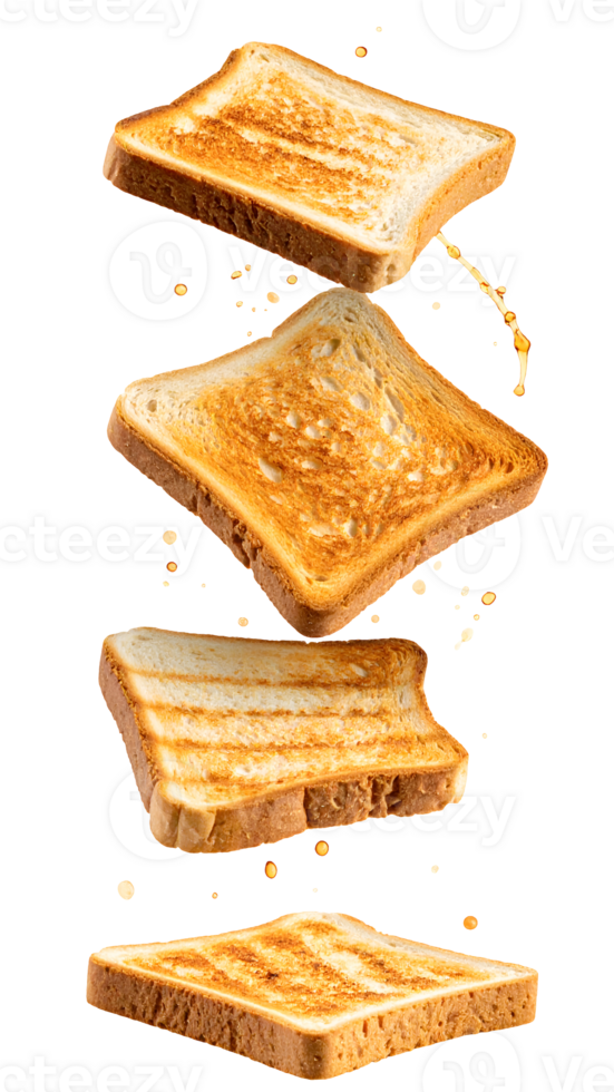 falling crispy toast slices with butter splashes in mid-air, isolated on background, realistic food motion photo png