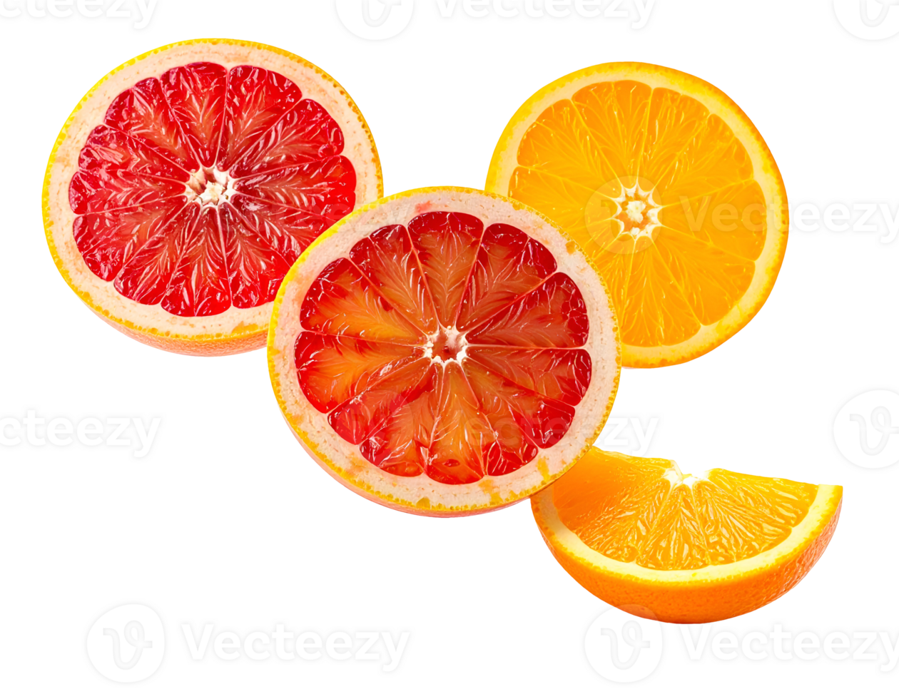 floating slices of red grapefruit and orange with juicy cross sections, isolated on white background, fresh citrus fruit composition png