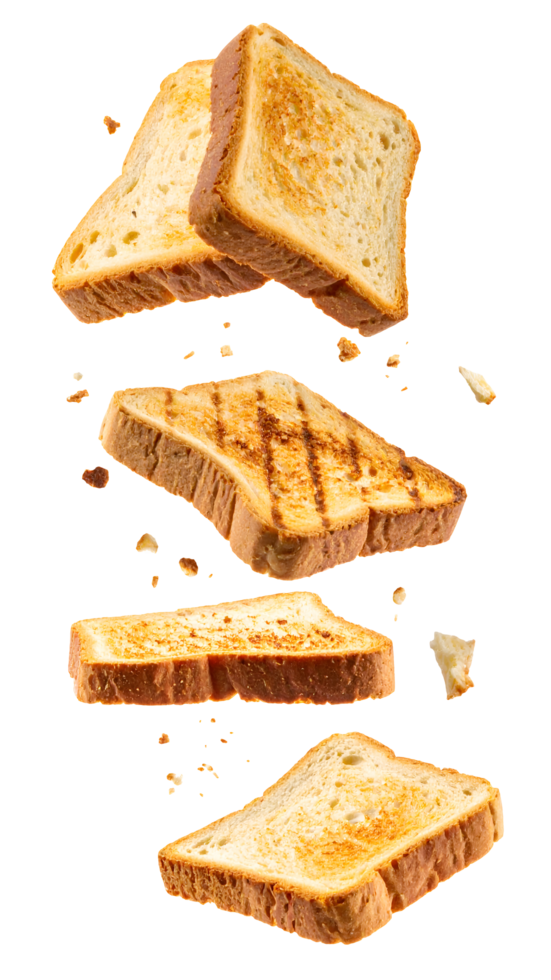falling toasted bread slices with crunchy texture and scattered crumbs, realistic breakfast motion scene on isolated background png