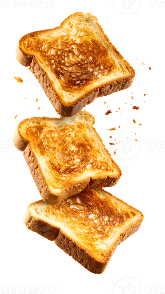 three crispy toasted bread slices falling in mid-air with golden texture and flying crumbs on isolated background png