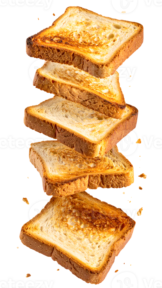 stack of falling toasted bread slices with crispy texture and scattered crumbs, dynamic breakfast food motion on isolated background png