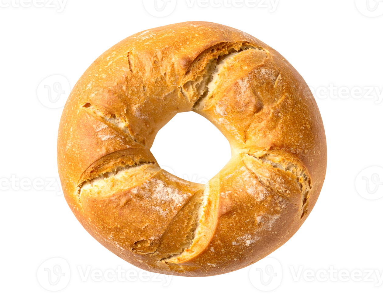 crusty golden round bread roll with rustic cracks, traditional baked bagel style, realistic food image on isolated background png