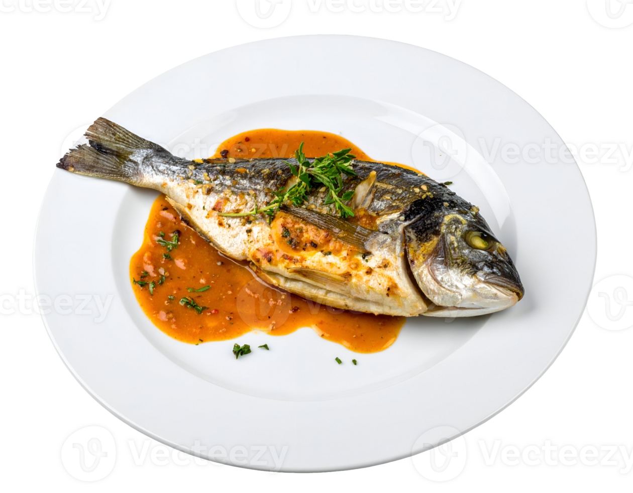 whole grilled fish served with spicy tomato sauce and herbs on white plate, traditional seafood dish, on isolated background png
