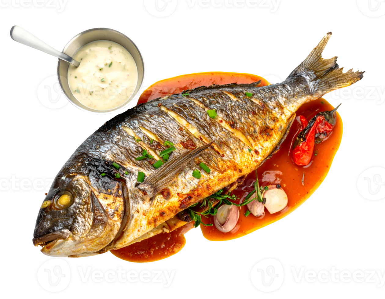 whole grilled fish with crispy skin, served with spicy tomato sauce, vegetables and creamy white dipping sauce, on isolated background png