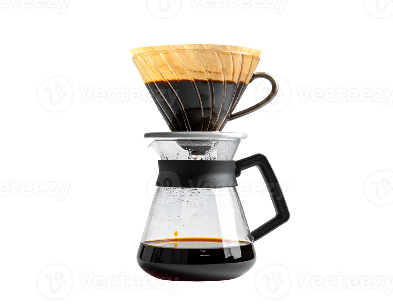 realistic close-up of manual coffee dripper brewing fresh black coffee in glass server, isolated on white background png