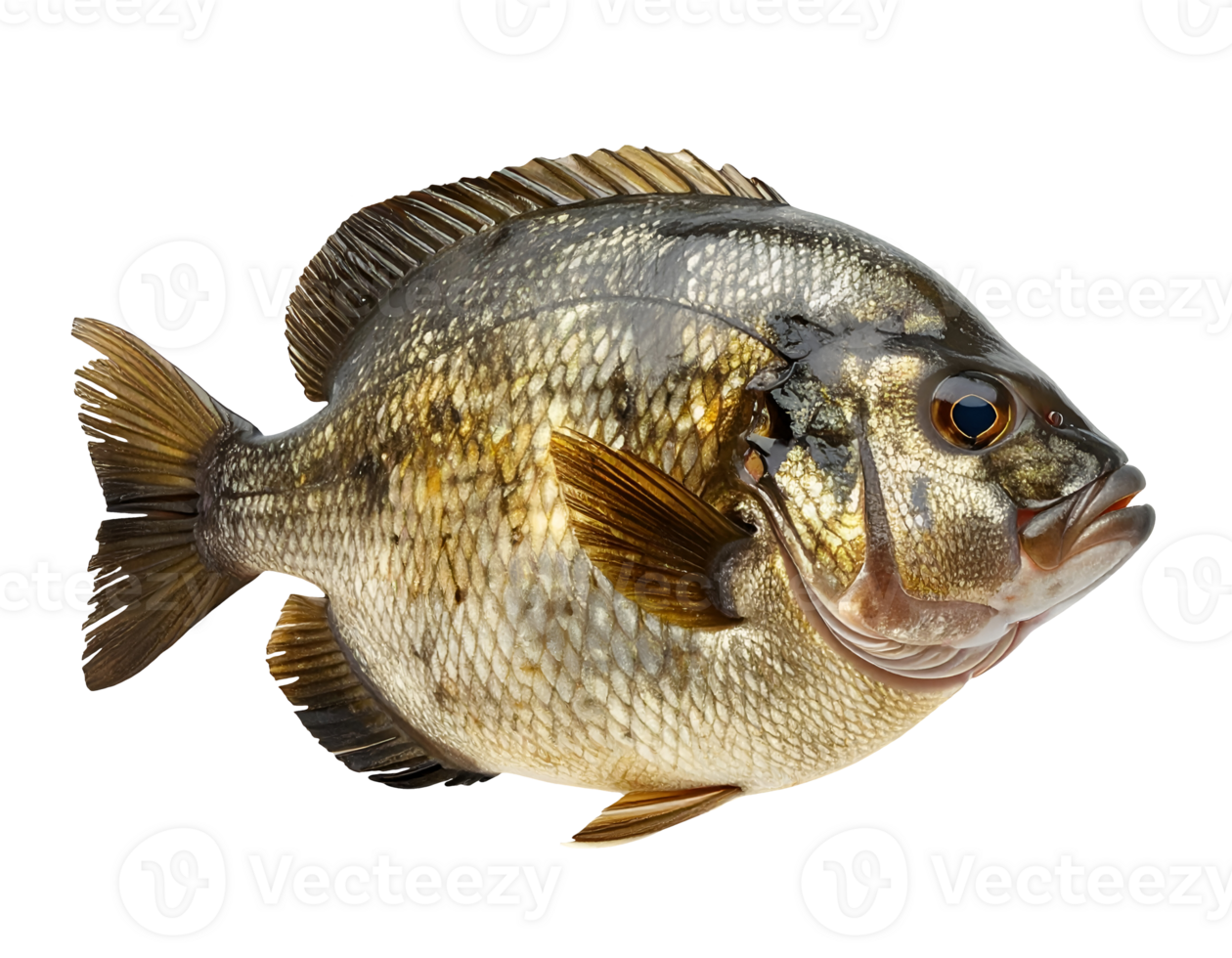 realistic isolated image of a round chubby freshwater fish with golden scales, side view on white background png