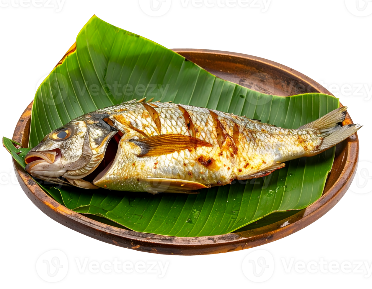 grilled fish on banana leaf and wooden plate traditional thai asian food presentation isolated on white background png