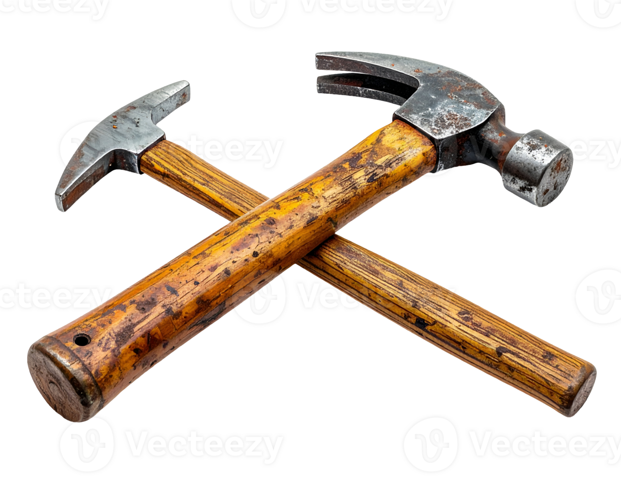 realistic photo of two vintage claw hammers crossed isolated on white background old rustic carpenter tool set for diy construction repair and workshop projects png