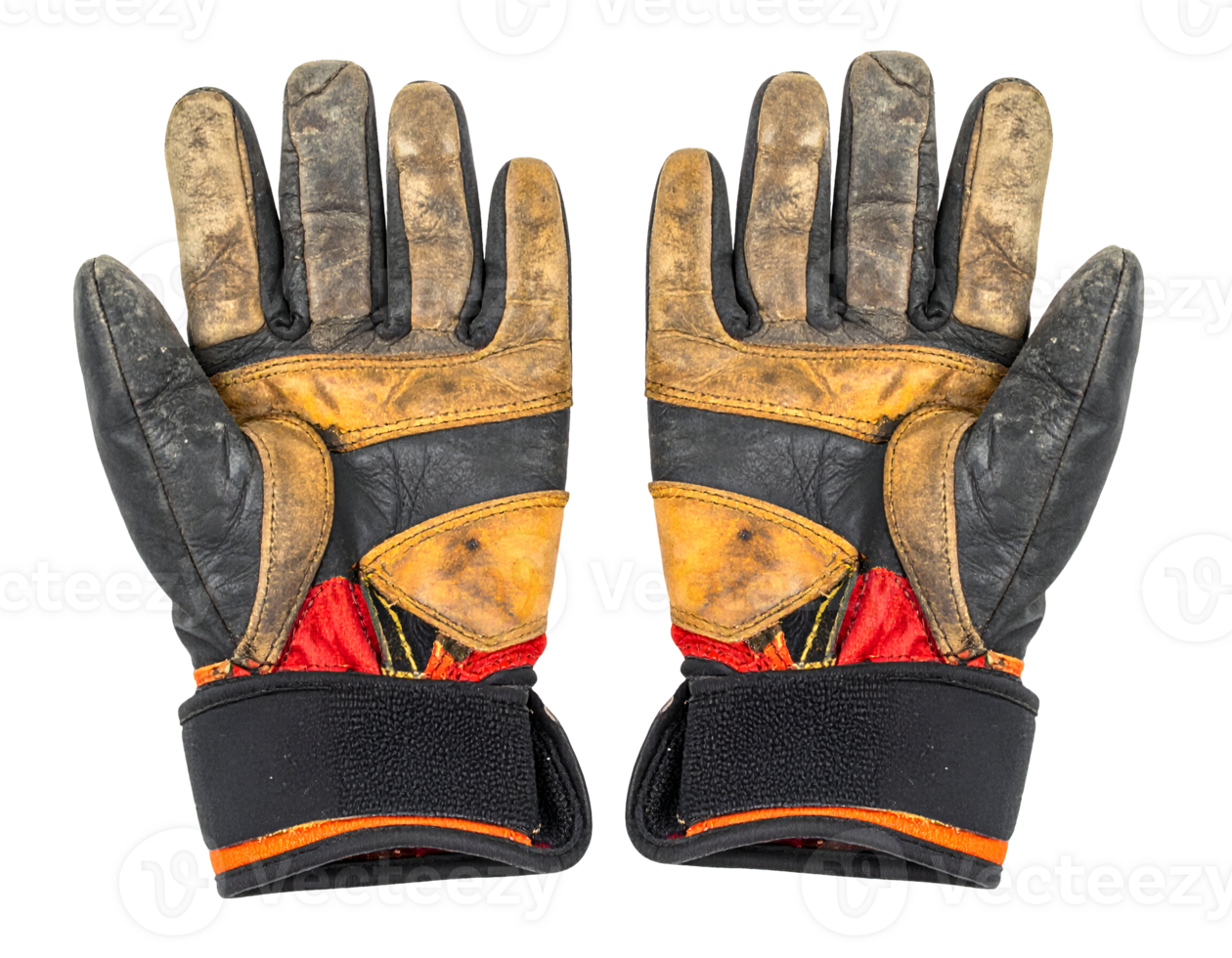 worn protective climbing gloves with rugged leather texture and velcro straps isolated on white background for outdoor gear and safety concept png