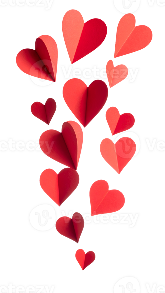 falling red paper hearts, 3d handmade heart cutouts, isolated on white background png