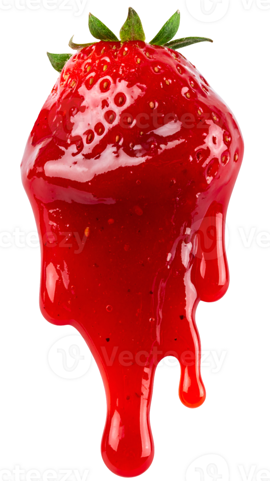 juicy strawberry dripping with thick strawberry sauce, isolated on white background png