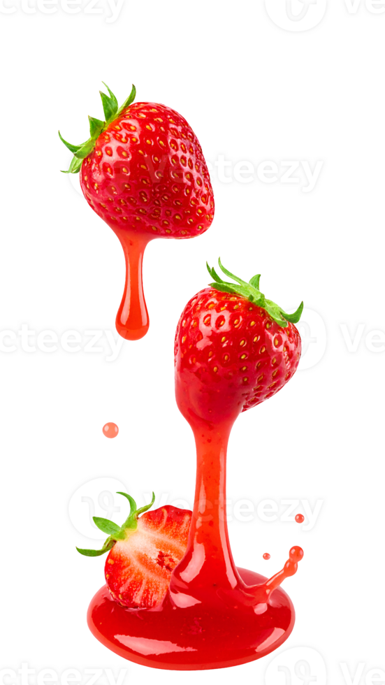 fresh strawberries dripping with strawberry sauce, vibrant juicy fruit splash isolated on white background for dessert and food concept png