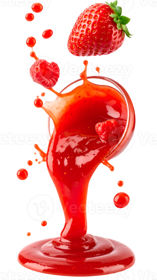 strawberry and raspberry splash in red berry sauce, juicy explosion from glass cup, isolated on white background png