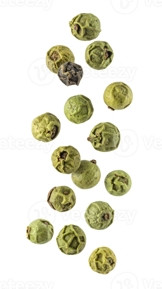 green peppercorns falling isolated on white background, dried spice seeds in motion, culinary herb concept png