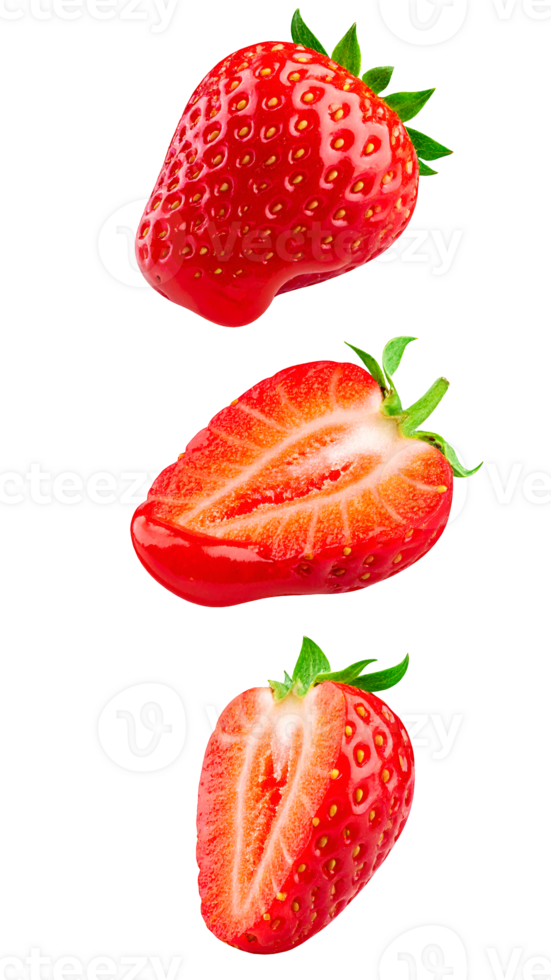 fresh whole and sliced strawberries isolated on white background, juicy red fruit composition for dessert or health concept png