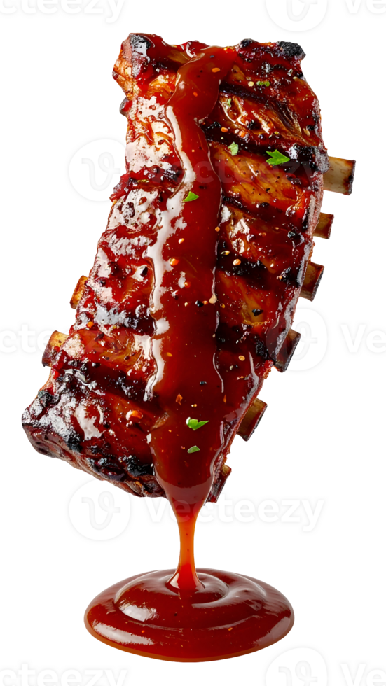 juicy bbq pork ribs with dripping barbecue sauce, isolated on white background, high-resolution food concept png
