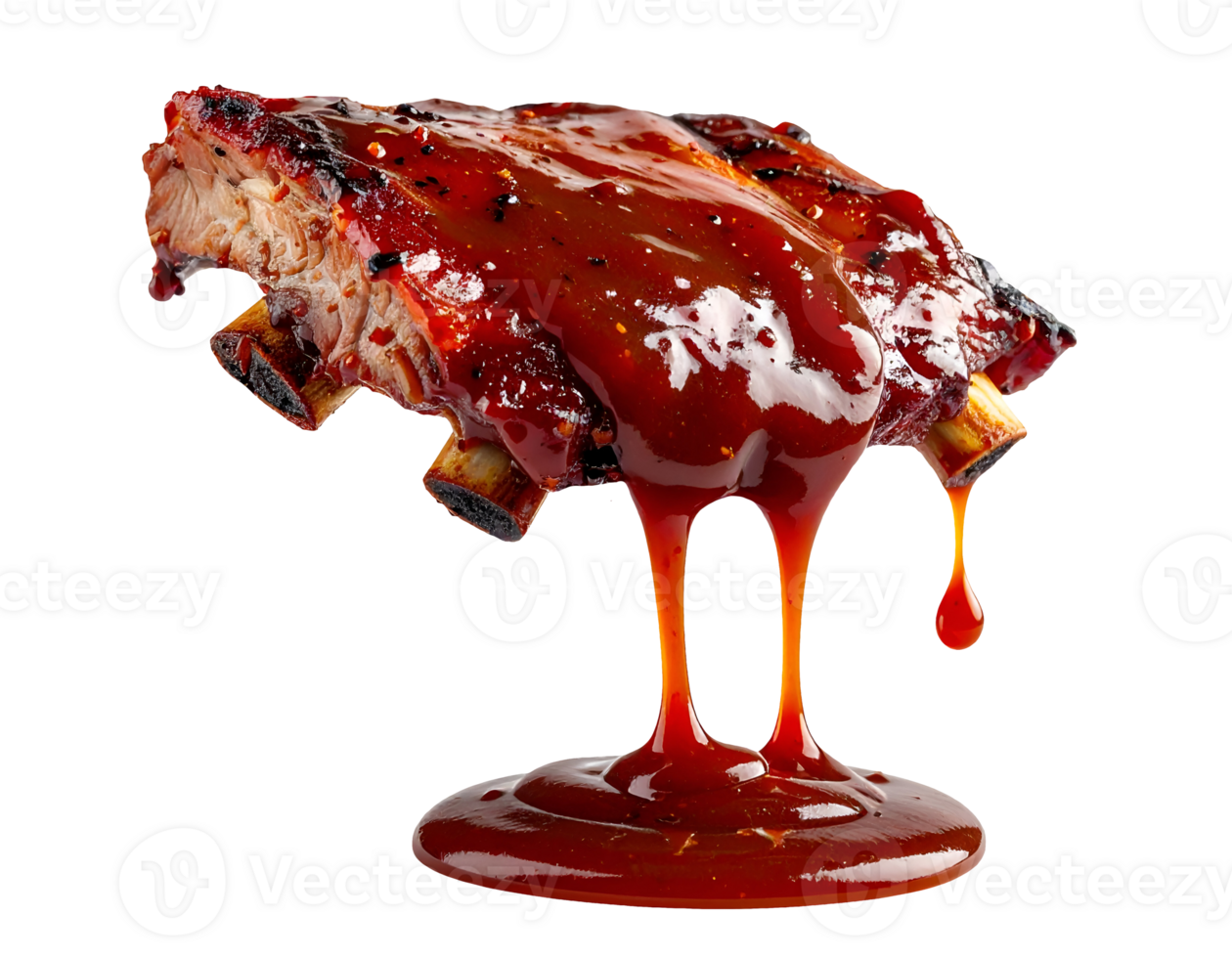 vertical grilled pork ribs with dripping bbq sauce, juicy meat isolated on white background, close-up food concept png