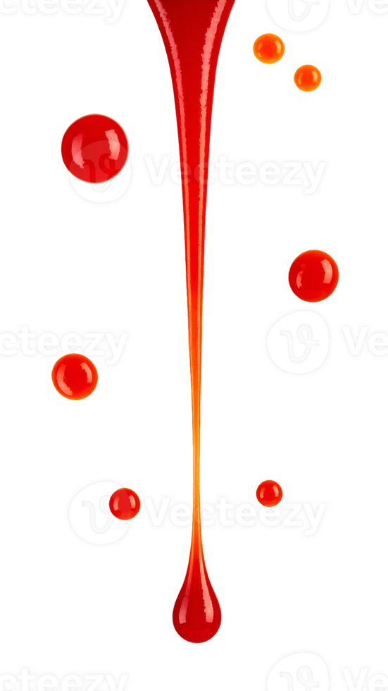 long vertical ketchup drip with scattered glossy droplets on isolated background, tomato sauce design element for bold food styling png